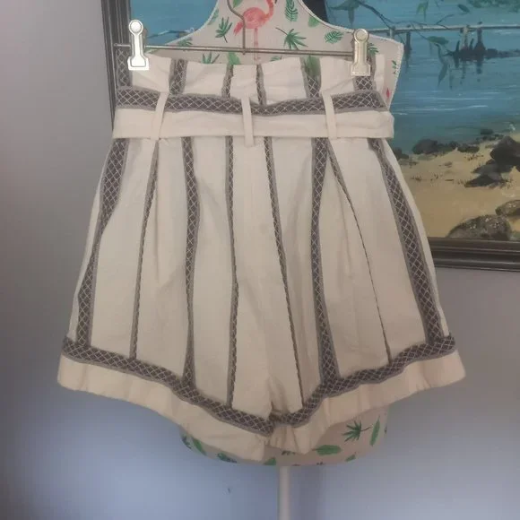 Acler RRP$295 'kingsway' Belted Diamond Grid Stripe Shorts white, grey/blue (6) - Picture 7 of 11